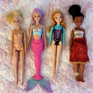 Lot of 4 barbies Mermaid Moana Gymnastics and Anna Frozen, Disney barbie doll
